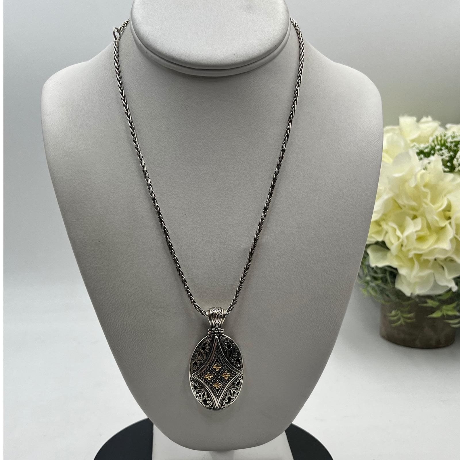Phillip Gavriel Filigree Pendant Necklace Designer 18k Gold & .925 Silver 18"